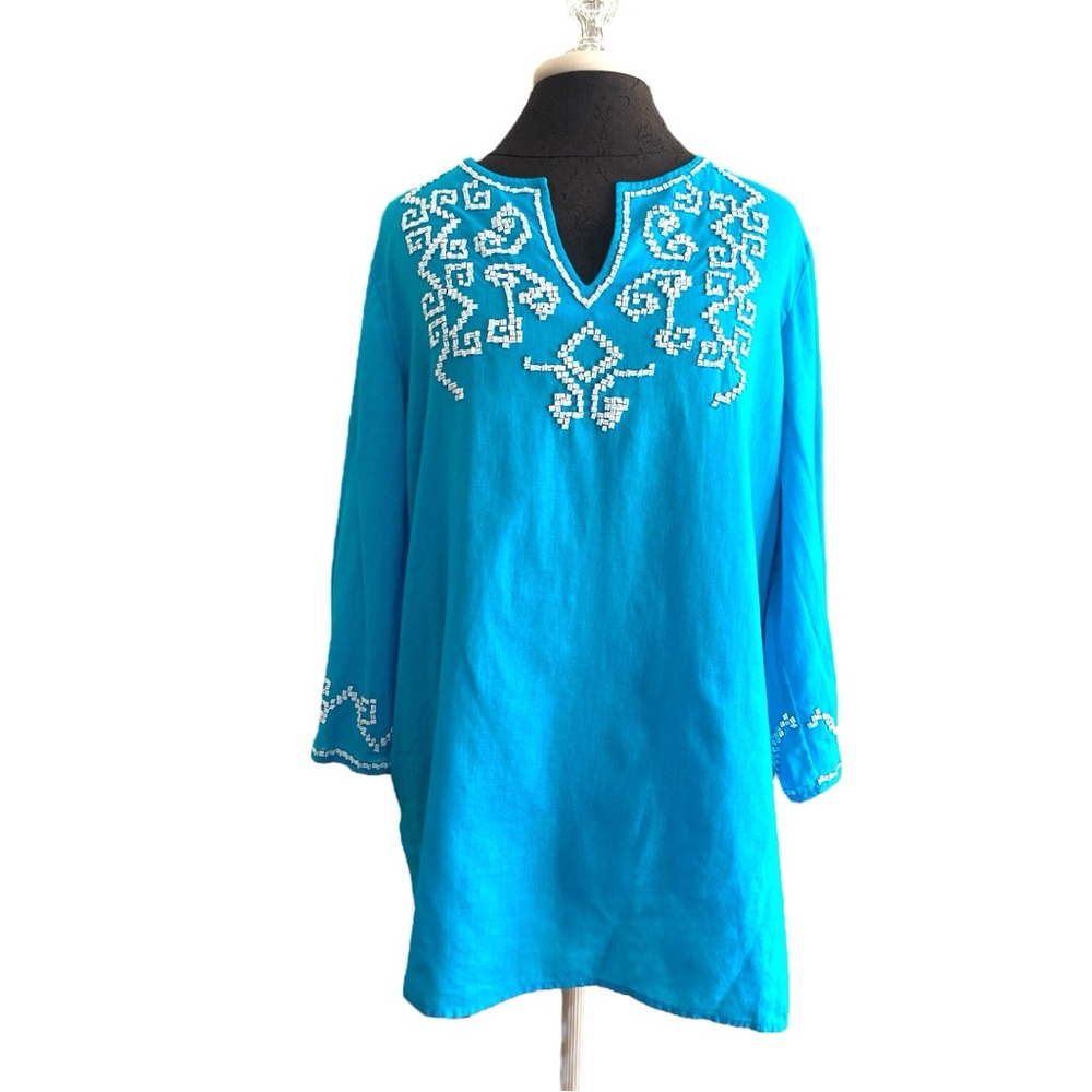 Chico’s size 2 blue beaded linen cotton blend top